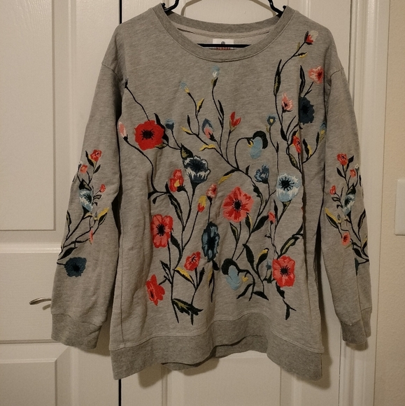 Anthropologie SUNDRY Floral Embroidered Gray Sweatshirt - Picture 1 of 10